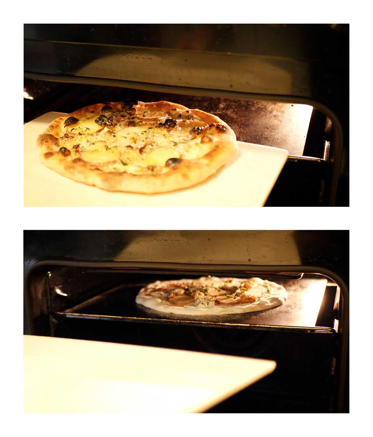 Bilde av pizzatål med pizza. overføre pizza fra spade.