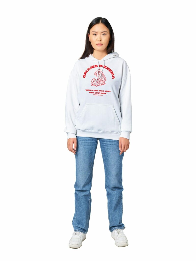 Gruue hettegenser med Gruues Pizzeria retro trykk hvit unisex størrelser