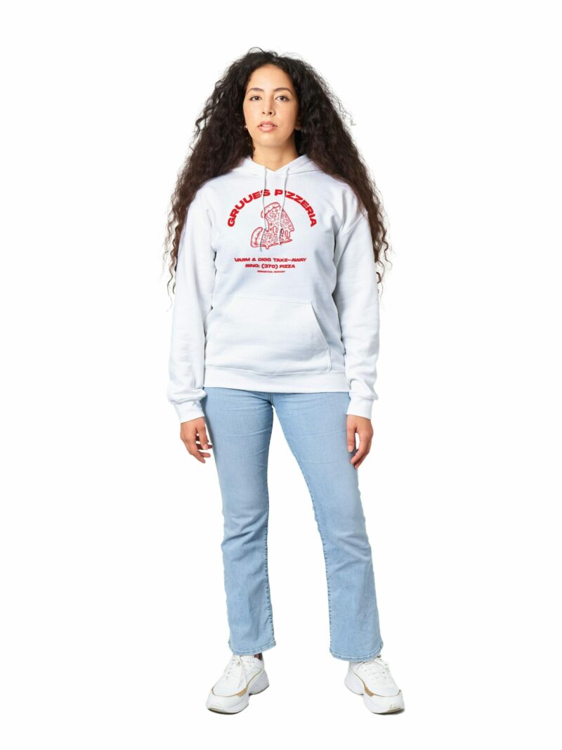 Gruue hettegenser med Gruues Pizzeria retro trykk hvit unisex størrelser