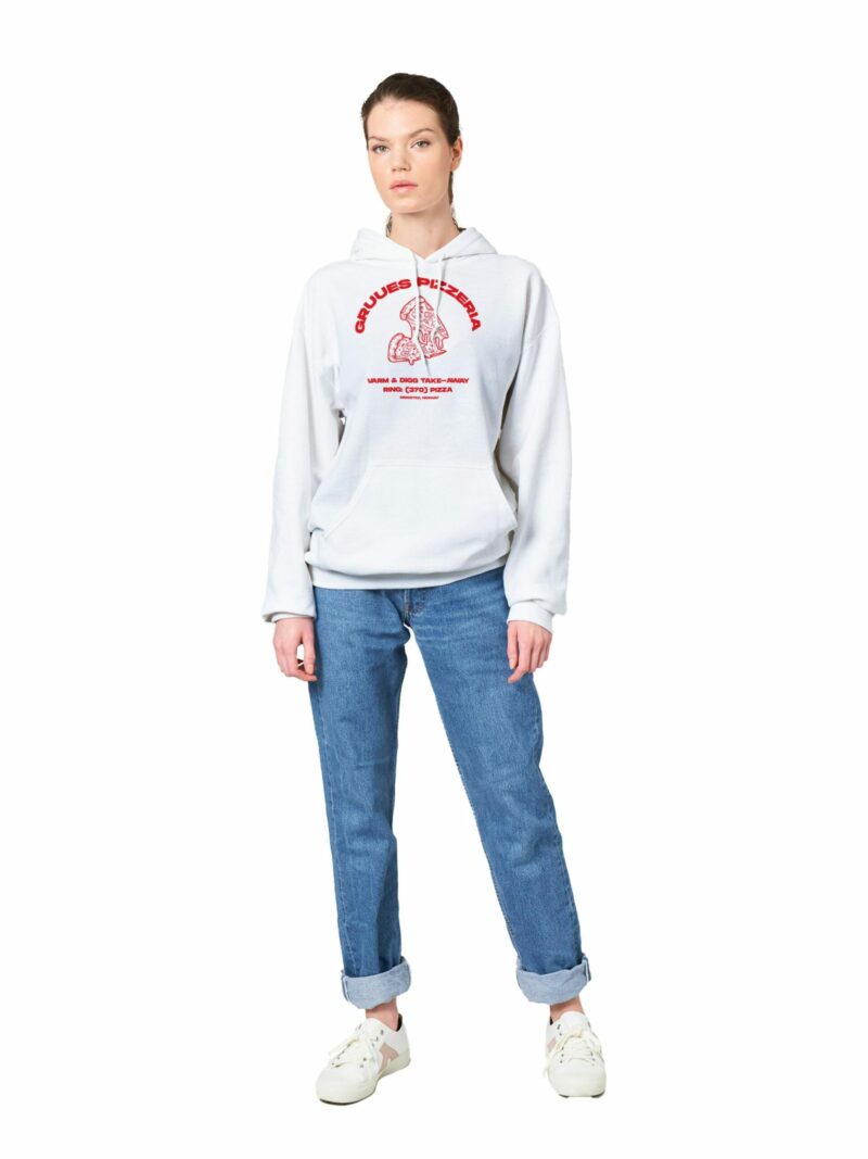 Gruue hettegenser med Gruues Pizzeria retro trykk hvit unisex størrelser